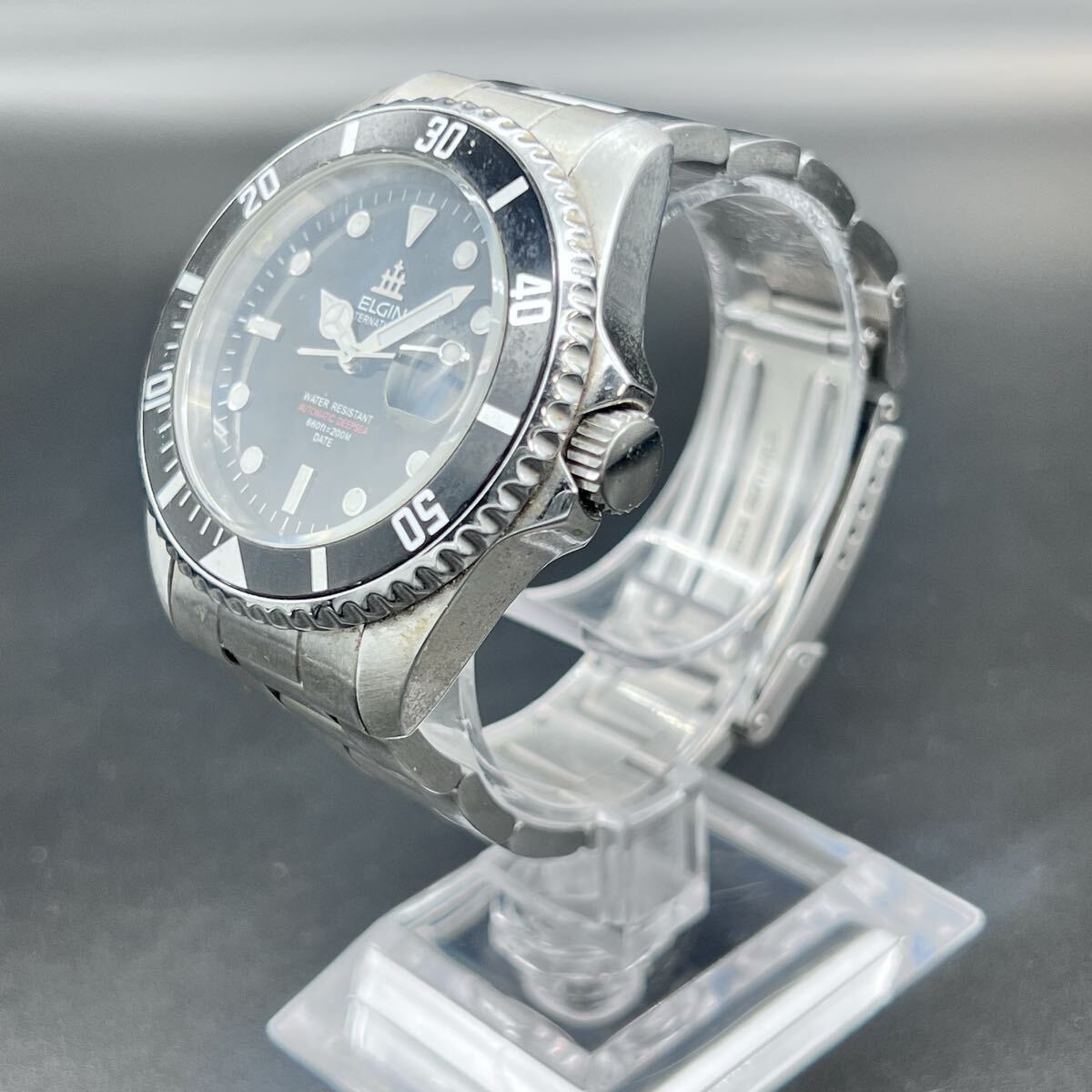 【稼働品】ELGIN エルジン DEEPSEA ディープシー 自動巻き ダイバーズウォッチ 200m防水 FK-531-G 黒文字盤 デイト メンズ 腕時計 y3-40