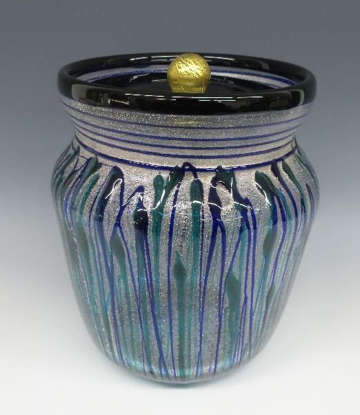 [ZEROnet] 岩田久利 IWATA 作家 ガラス工芸 水指 清流金銀彩 茶道具 全長約17cm 硝子水指 蓋付 夏季 美品 ％H83-32