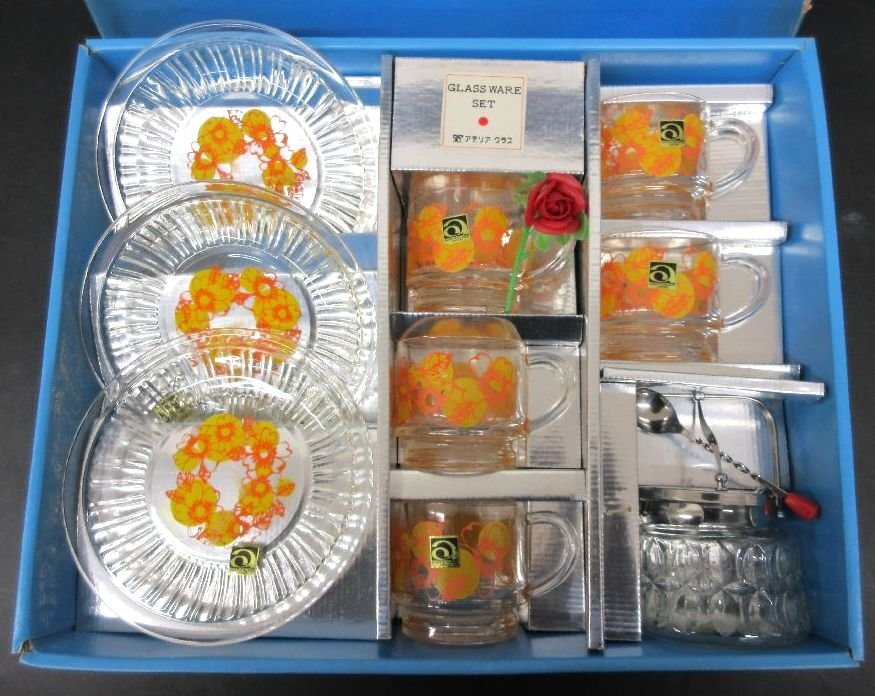 [ZEROnet] 昭和レトロポップ アデリア GLASS WARE SET モーニングセット グラス プレート シュガーポット 食器 箱入 未使用保管品 ％H83-44