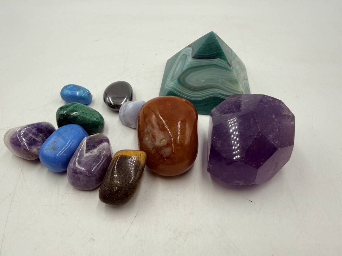天然石 まとめ売り 11点 セット アメジスト ピラミッド型 アゲート 原石 タンブル 詰め合わせ パワーストーン 標本 鑑賞用 現状品 F4862