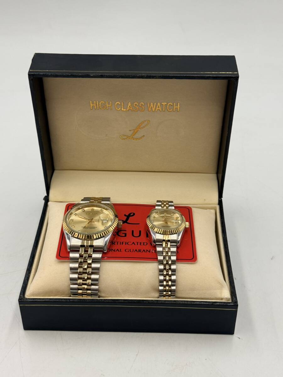 LIGUN DELUXE ペアウォッチ 腕時計 ゴールド シルバー コンビ 3針 デイト 箱付き 稼働品 紳士 婦人 セット チェッカー◎ 整備必須 F4799-1