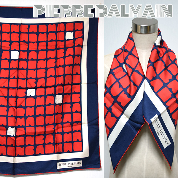 PIERRE BALMAIN■ロゴ入りロゴグラムレトロ柄大判シルクスカーフ ストール ショール ピエールバルマン　レッド×ネイビー