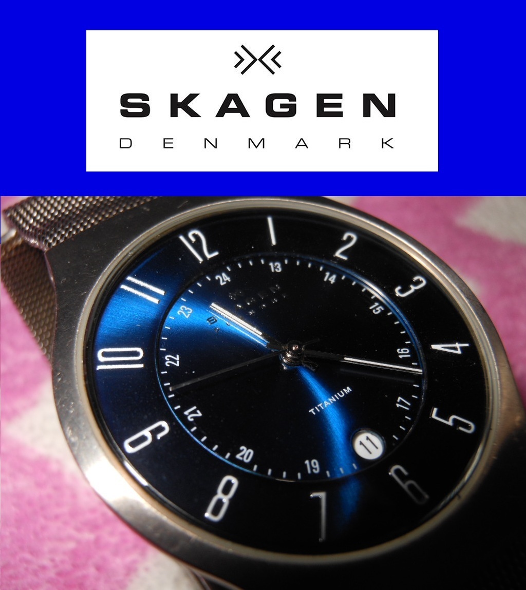 ◆送料無料です◆北欧デンマーク 軽量チタン SKAGEN スカーゲン 腕時計 ブルー色◆画期的な極薄ケース&メッシュベルト◆新品電池交換済