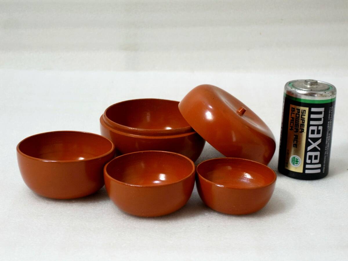 1★時代 木製 朱塗 林檎型 小型三椀入れ子椀