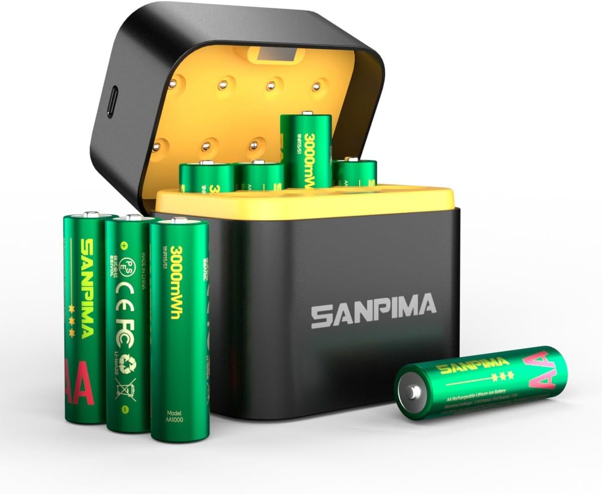 【新品】 SANPIMA 単3形リチウム充電池8本 1.5V 大容量3000mWh/2000mAh 急速充電器付き 