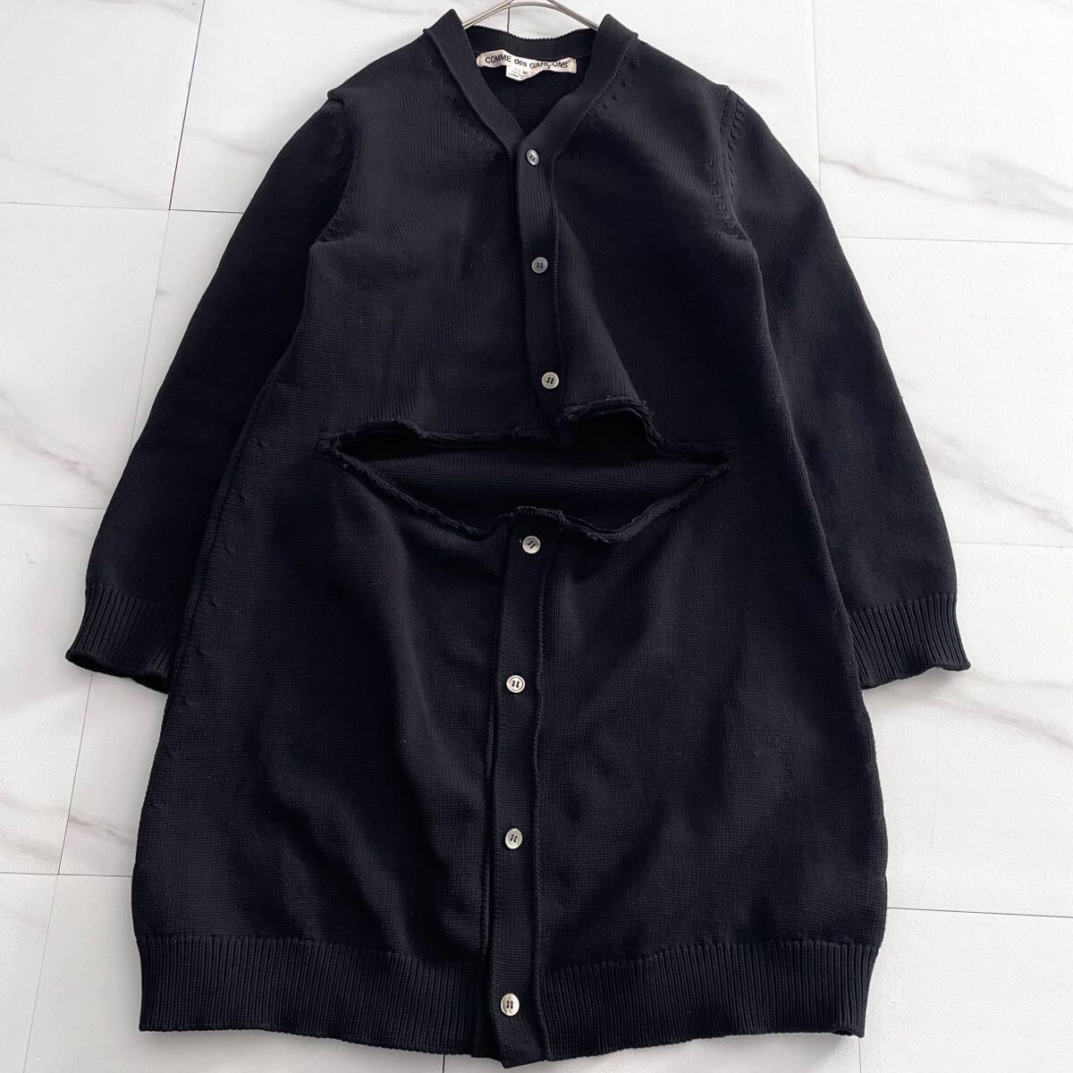 極美品 19SS◆COMME des GARCONS ロングニットコート カーディガン カットオフ ほつれ加工 裁断 ダークネイビー 紺色 M コムデギャルソン