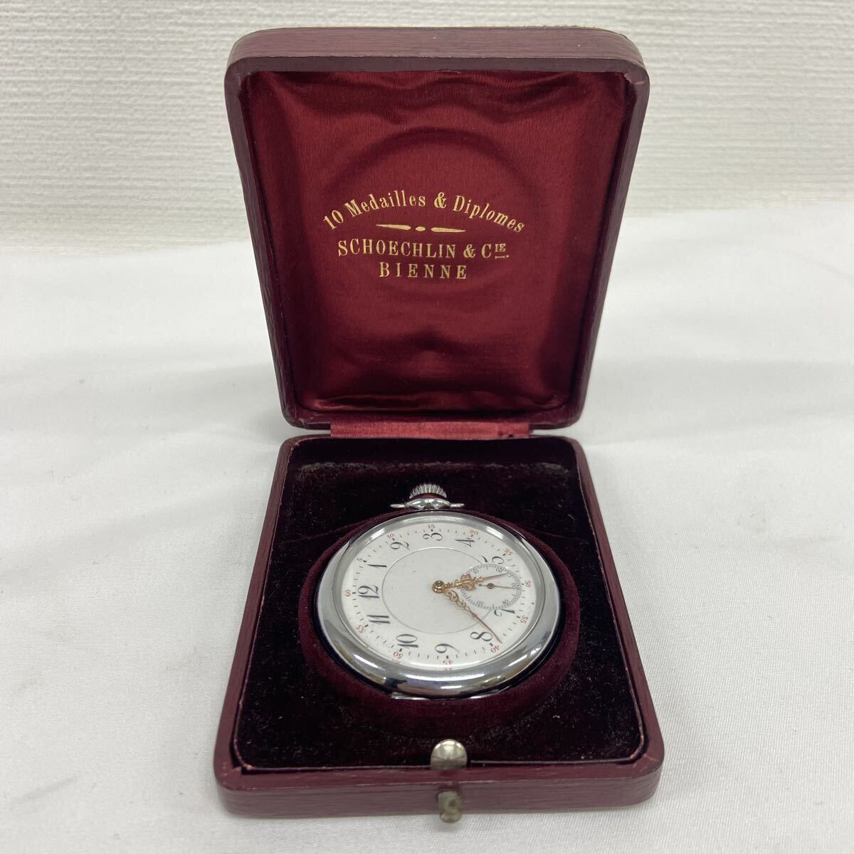 スイス製 懐中時計 Schoechlin & Cie Bienne 手巻き スモセコ アンティーク ケース付