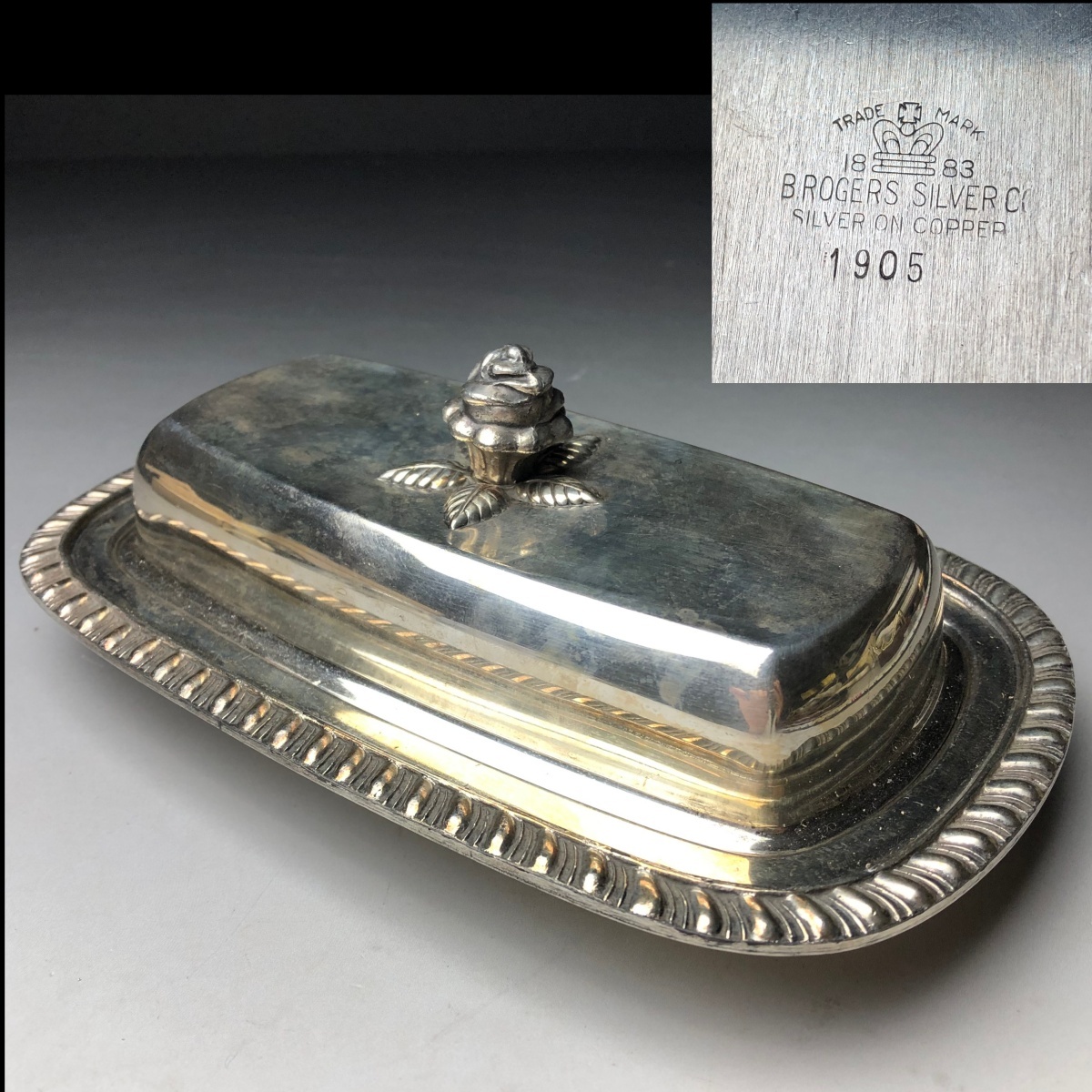 アメリカ製 アンティーク1905年 BROGERS SILVER Co. シルバープレート 小物入れ バターケース 銀メッキ 銅製 トレー付 ヴィンテージ