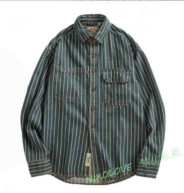 ☆新品春 長袖シャツ メンズ デニムシャツ ストライプ柄 ヴィンテージ加工 アメカジ シャツジャケット ミリタリー アウター 2XL