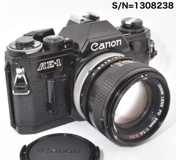 【シャッタースピードと露出計確認済、バッテリーカバー割れ補修済み】CANON AE-1 ブラック＋FD50mm f1.4 S.S.C.(1308238_J46)