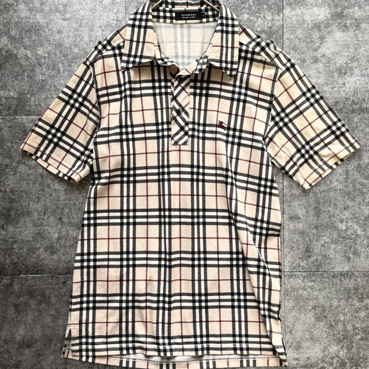 美品◎バーバリーブラックレーベル ノバチェック 半袖ポロシャツ BURBERRY BLACK LABEL ホースロゴ刺繍 ロゴボタン 総柄 ストレッチ メンズ