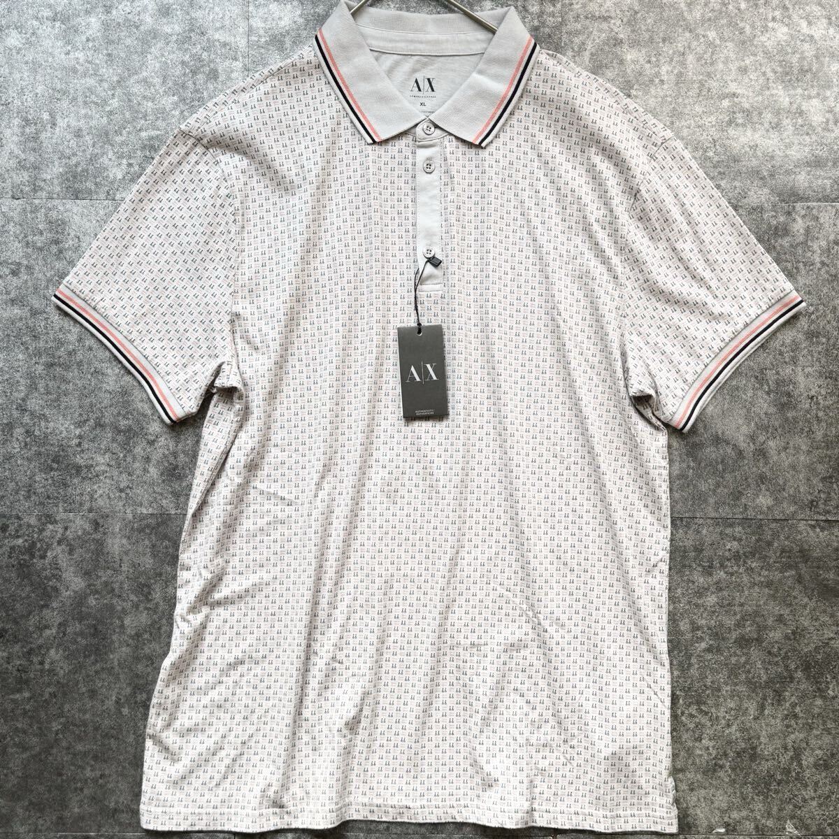 新品未使用タグ付/希少XLサイズ◎アルマーニエクスチェンジ 総柄 半袖ポロシャツ ARMANI EXCHANGE ロゴボタン 夏 ゴルフ グレー系 メンズ