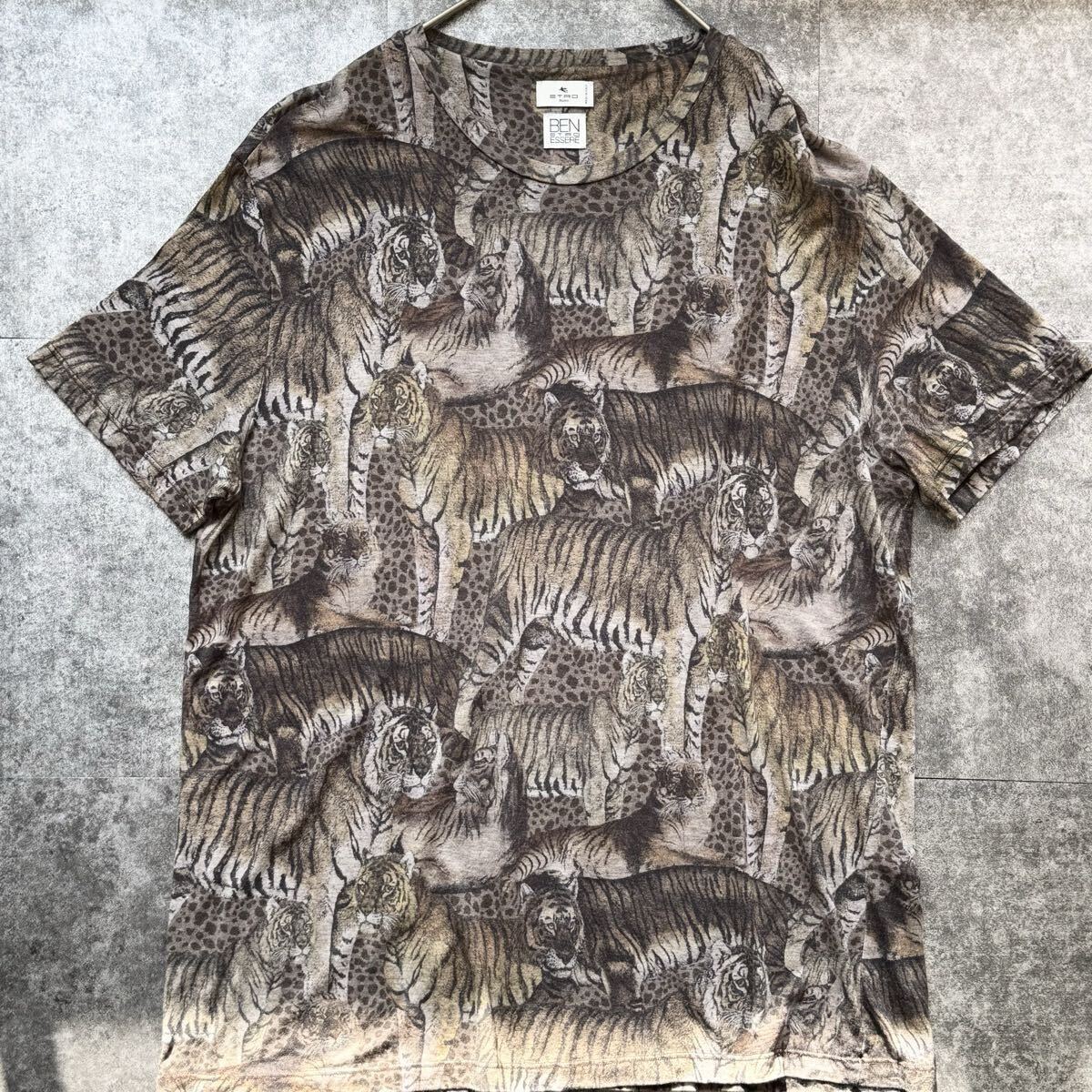美品/希少L◎エトロ ETRO 総柄 半袖Tシャツ カットソー BEN ESSERE 総柄 タイガー 虎 アニマル柄 イタリア製 国内正規 マルチカラー メンズ