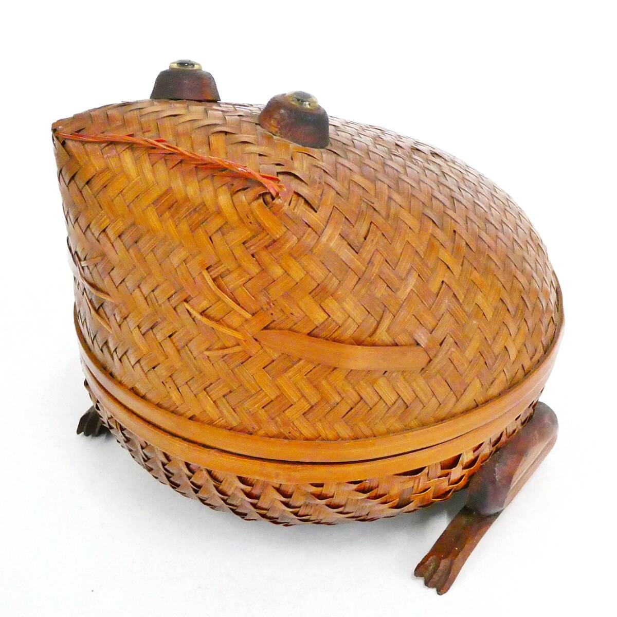 花籠 竹籠 籠器 縁起蛙モチーフ 民芸品 竹細工 カエル 置物 Kキ00