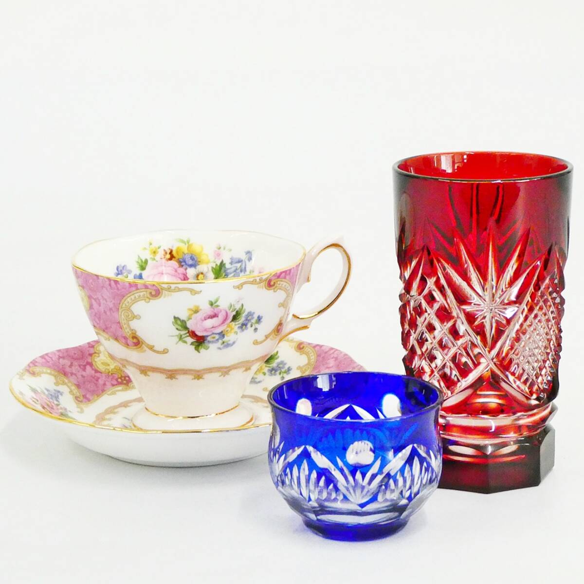 切子グラス ぐい呑 / ROYAL ALBERT ロイヤルアルバート カップ＆ソーサー レディカーライル Lady Carlyle 3点 セット Kキ00