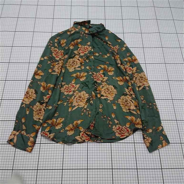 ◇ Θ ザラ ZARA BASIC 花柄長袖ブラウス グリーン系 レディース Mサイズ E