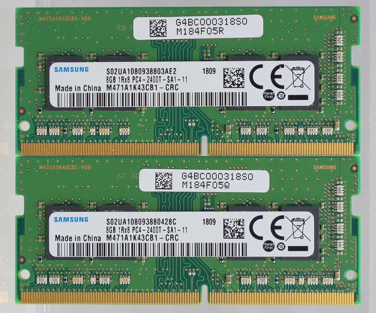SAMSUNG 増設メモリ M471A1K43CB1-CRC/1.2V 260Pin PC4-2400T 8GB 2枚セット 合計16GB/東芝B55/Hにて動作確認済