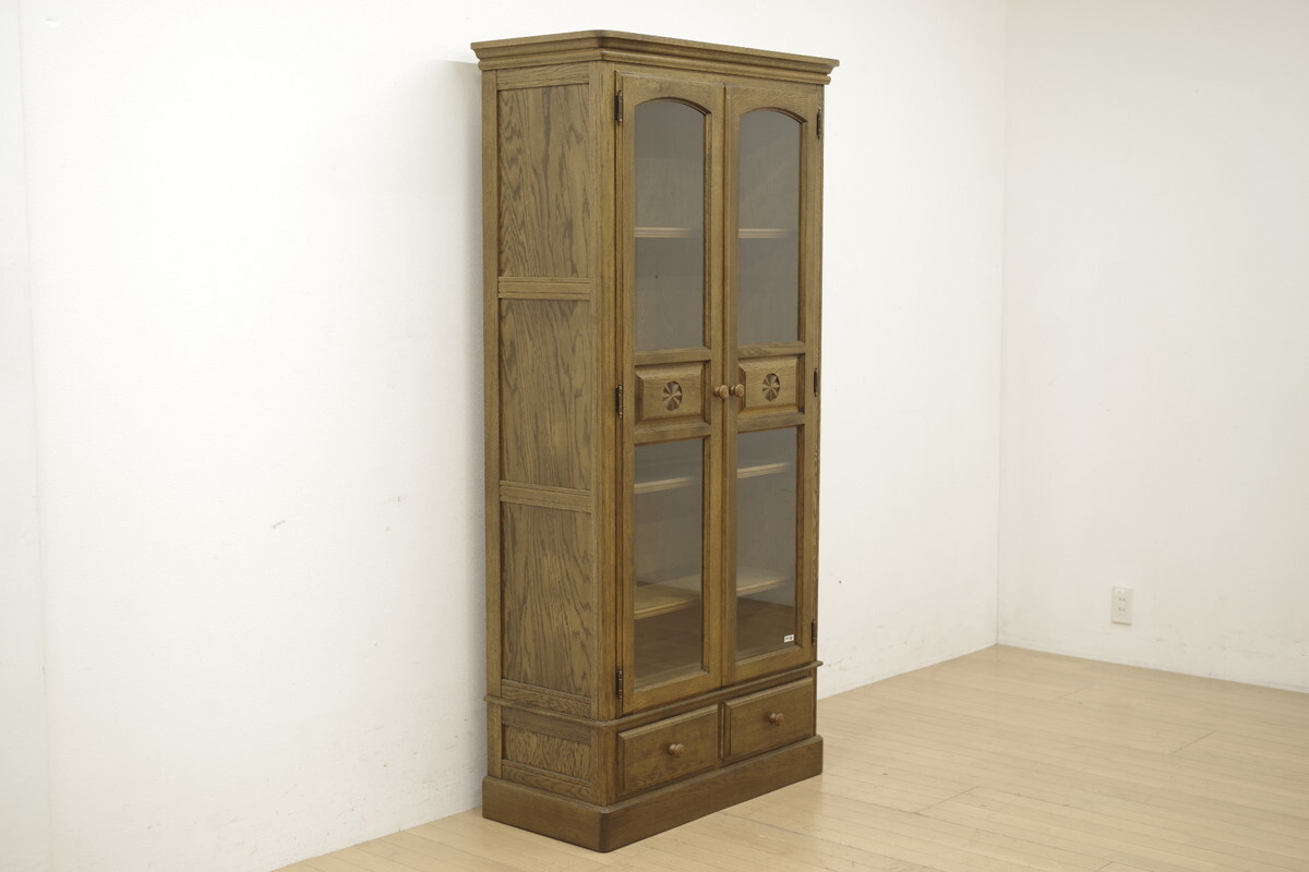 和光 WAKO ブックシェルフ 本棚 書棚 彫刻 ナラ材 ガラス扉 書斎 飾り棚 収納棚 和モダン 和家具 カントリー (B)