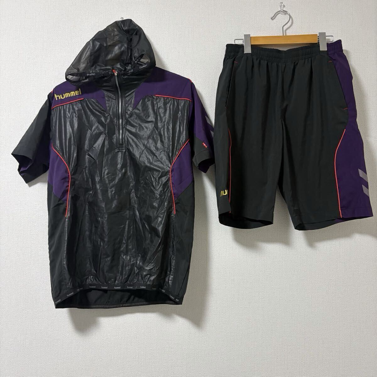 【美品】hummel 半袖ウインドブレーカー 上下セット フード付きブラック パープル　サッカー スポーツウェア　トレーニングウェア
