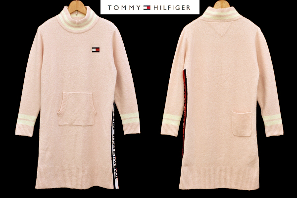 E-0106★超美品★TOMMY HILFIGER GOLF トミーヒルフィガー ゴルフ★ベビーピンク ストレッチ素材 膝丈 長袖 ニット ワンピース ＬＬ 