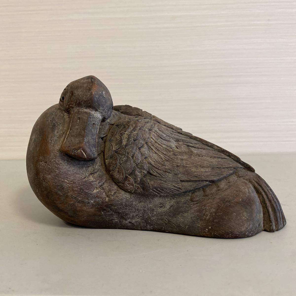 竹根　竹製　古竹　鴨　置物　鳥　細密彫刻　オブジェ　骨董品　古美術品　全長17.5cm【320】
