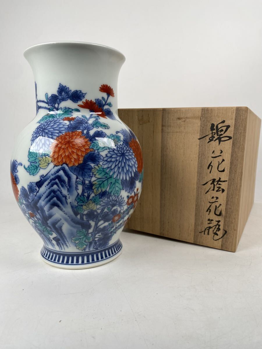 錦花絵花瓶　有田焼　人間国宝　今泉今右衛門　花瓶　飾壷　壺　花器　花入　作家　在銘　共箱　骨董品　古美術品　高さ23.5cm【33】