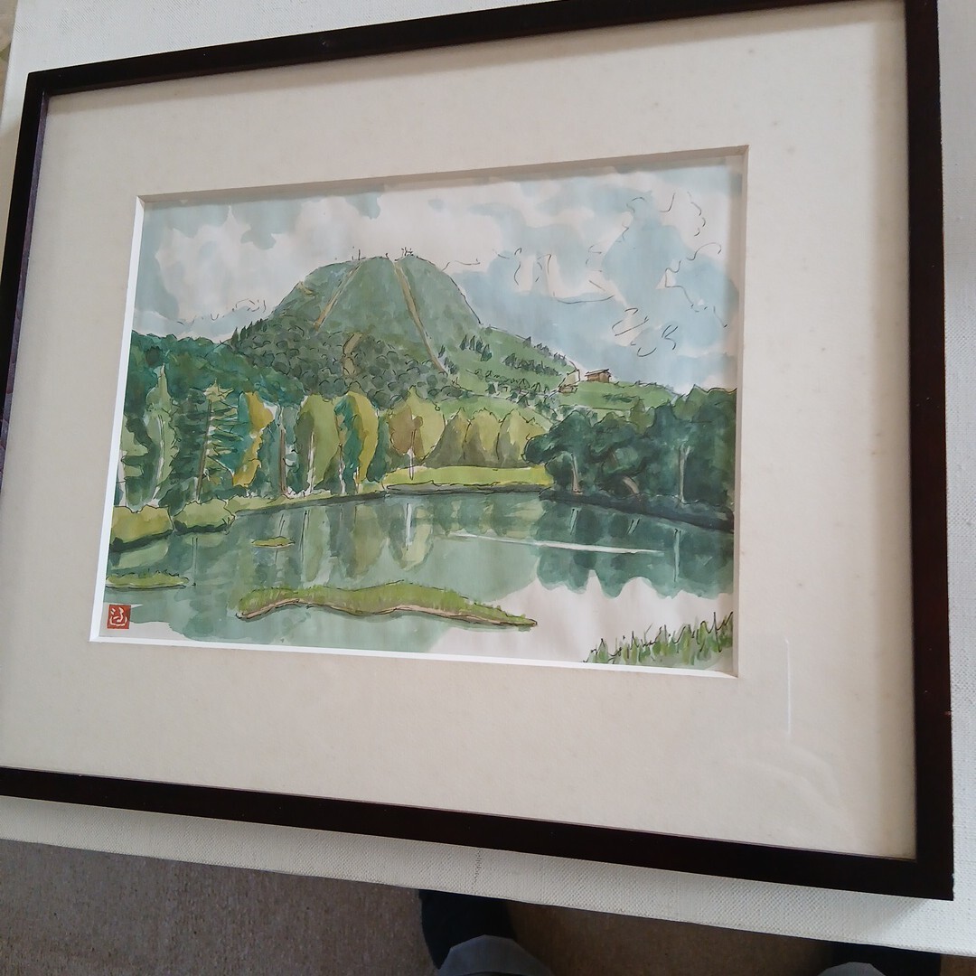 C897 作者不明　印有り　山々と湖の風景　水彩画作品です