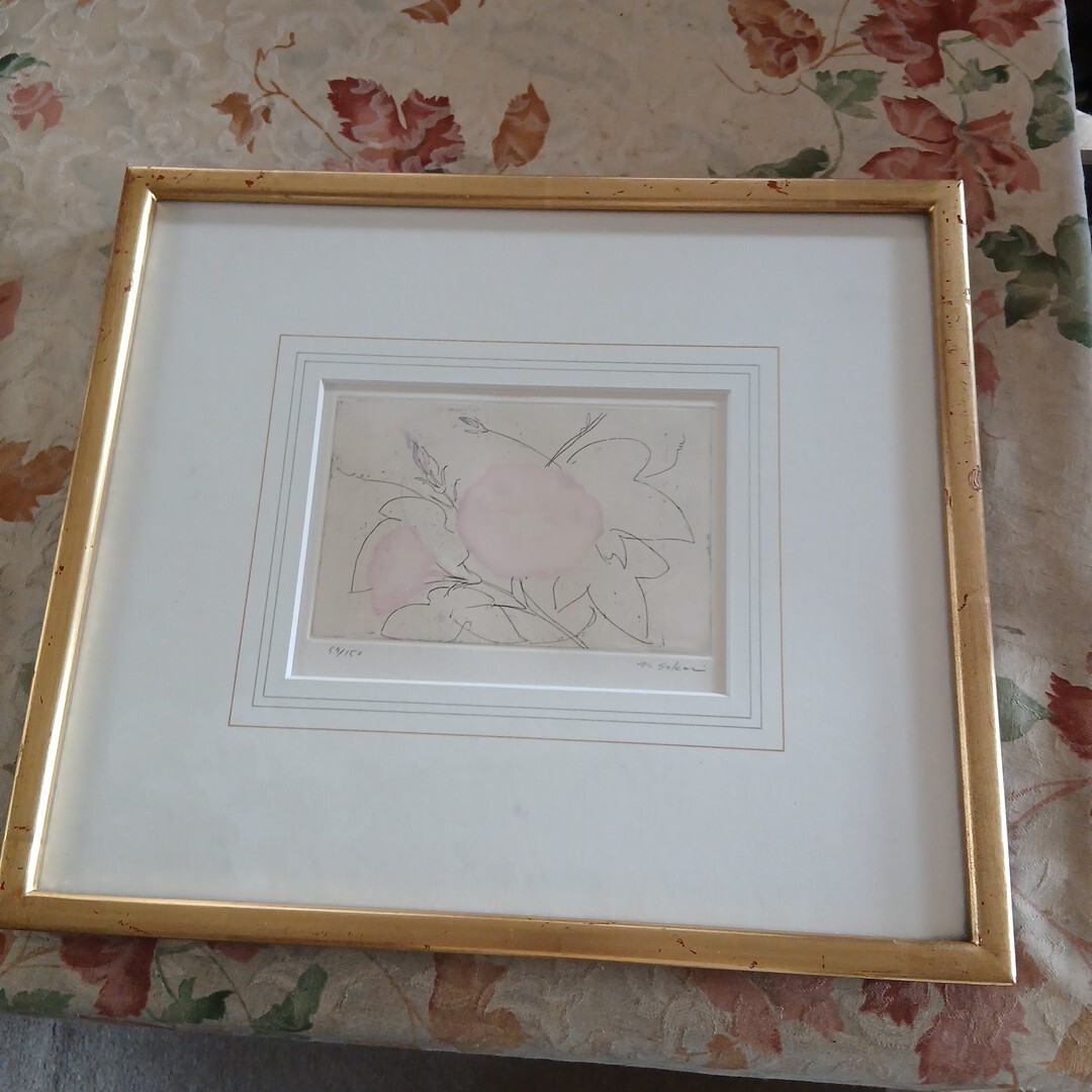 C903 作者不明　サイン有り　綺麗な朝顔の　図柄の　銅版画　作品です