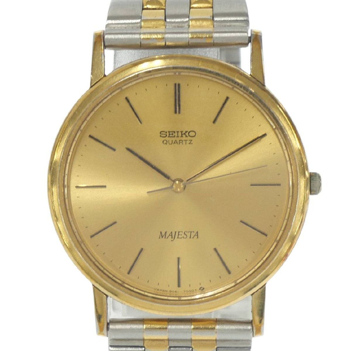 1円スタート 稼働品 SEIKO セイコー MAJESTA マジェスタ 9061-7000 クォーツ QZ SS ラウンドフェイス ゴールド文字盤 メンズ 腕時計
