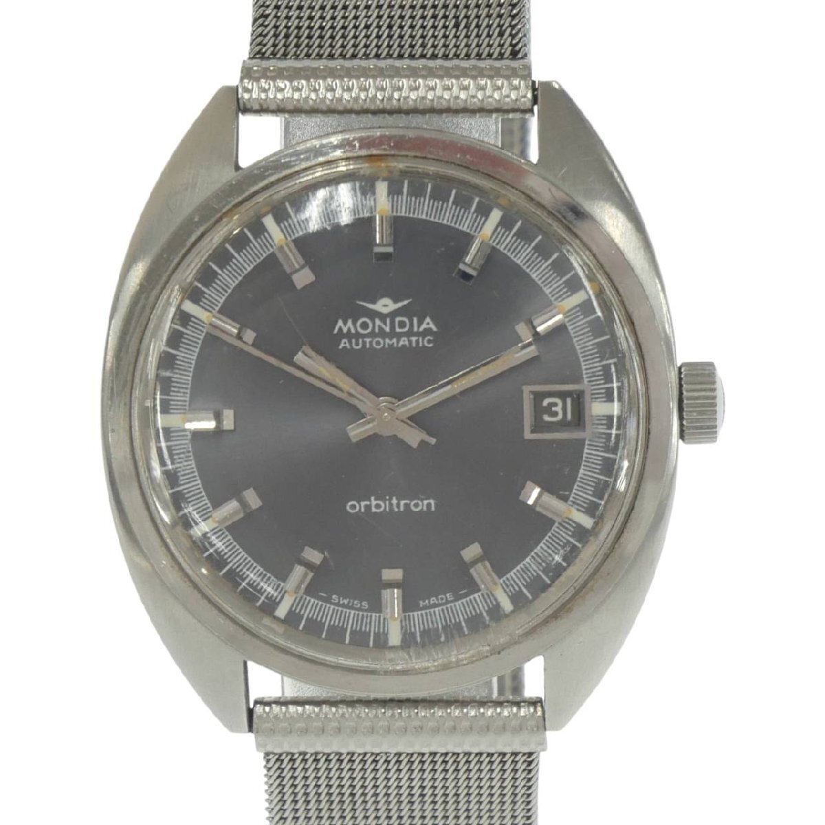 1円スタート 稼働品 MONDIA モンディア orbitron オービトロン 97-1008-60 自動巻き ラウンドフェイス デイト グレー文字盤 メンズ 腕時計