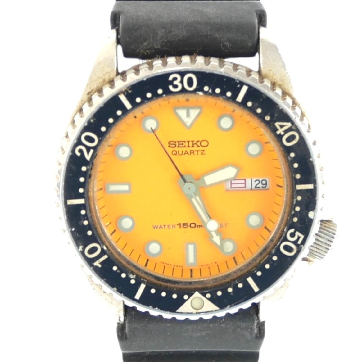 1円スタート 稼働品 SEIKO セイコー ダイバーズウォッチ 6458-600A オレンジ文字盤 ラウンド 3針 クォーツ QZ デイデイト メンズ 腕時計