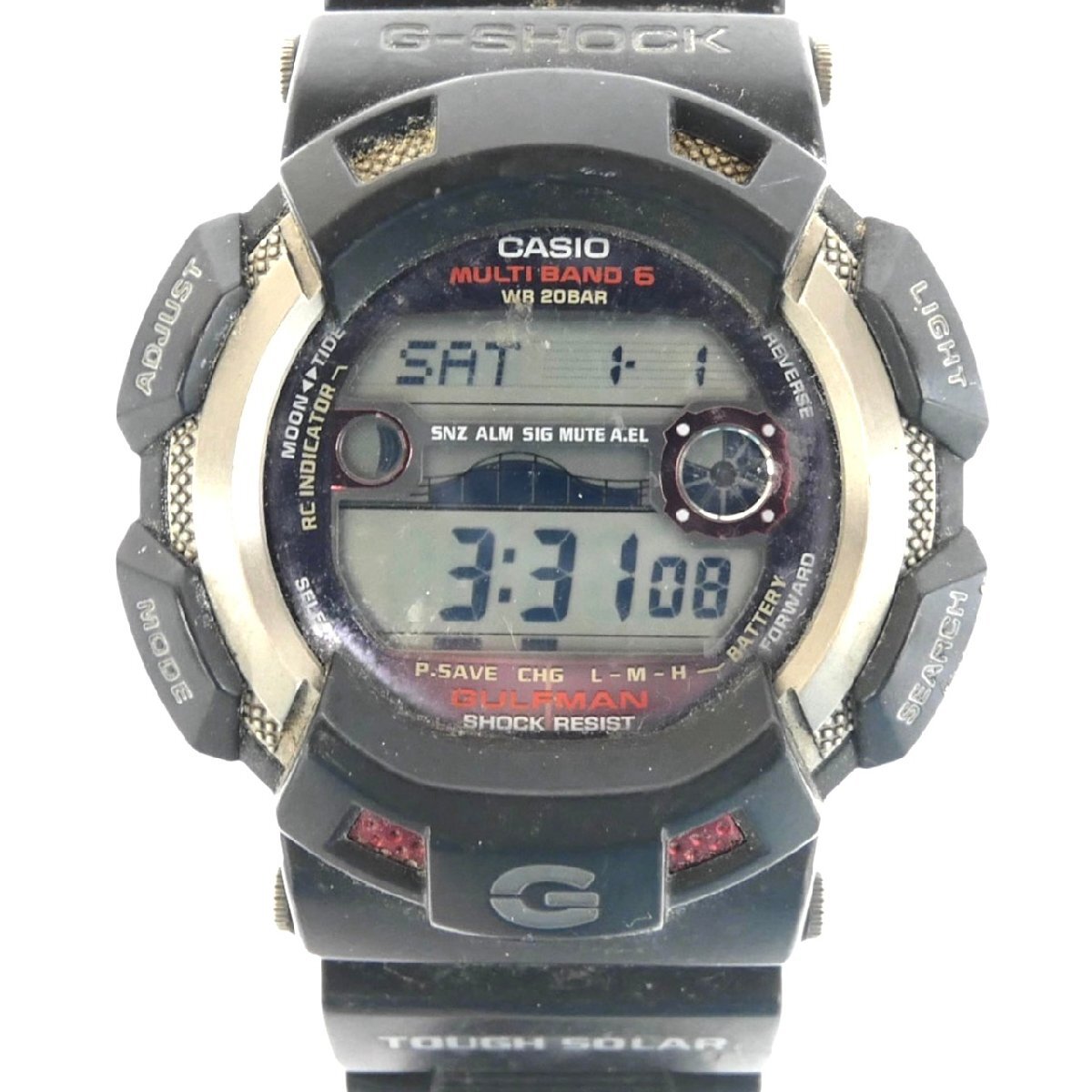 1円スタート 稼働品 CASIO カシオ G-SHOCK Gショック GW-9110 GULFMAN 電波ソーラー QZ ラウンドフェイス ブラック デジタル メンズ 腕時計