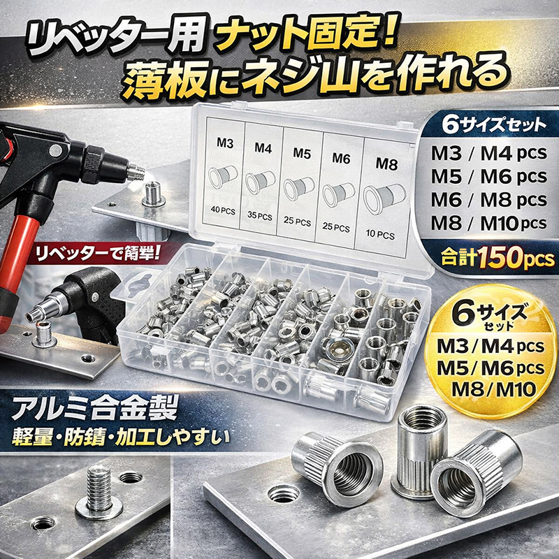 150pc アルミ材質 リベットナット（リベッター＆ナッター用） B223