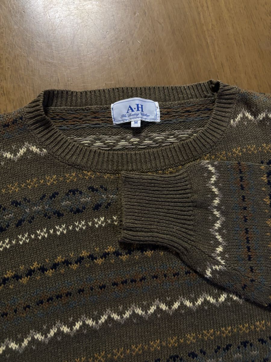 Avon houseシャンタルデュモ㈱日本製　綿麻混紡　モスグリーン/白緑黄土黒ジャガードクルーネック