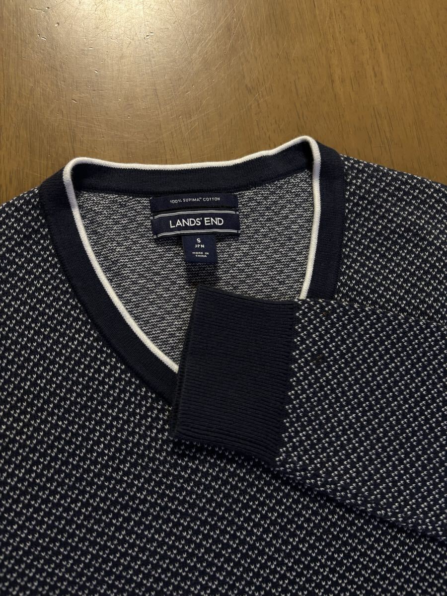 LANDS'END　日本ランズエンド㈱　SPIMAコットン100％　紺白ジャガードVネックセーター