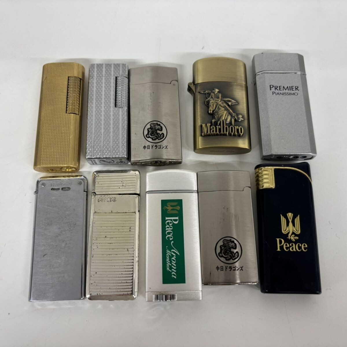 N385-■▲ 中日ドラゴンズ/Marlboro マルボロカウボーイ/Peace ピース/プレミア・ピアニッシモ ライターまとめ 計10点 喫煙グッズ NB