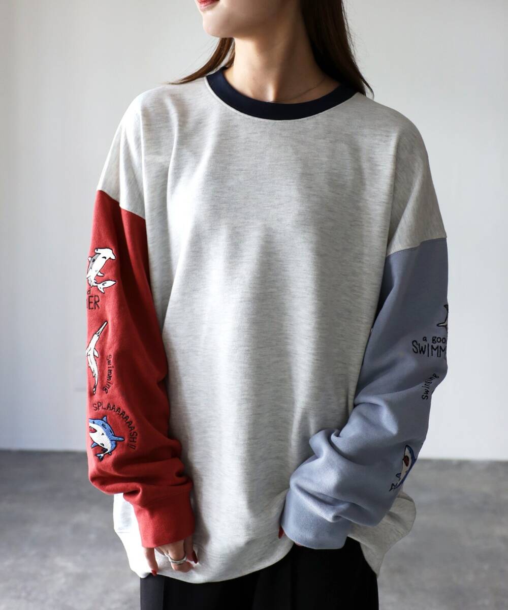 ★袖サメ刺繍トレーナー フリーサイズ