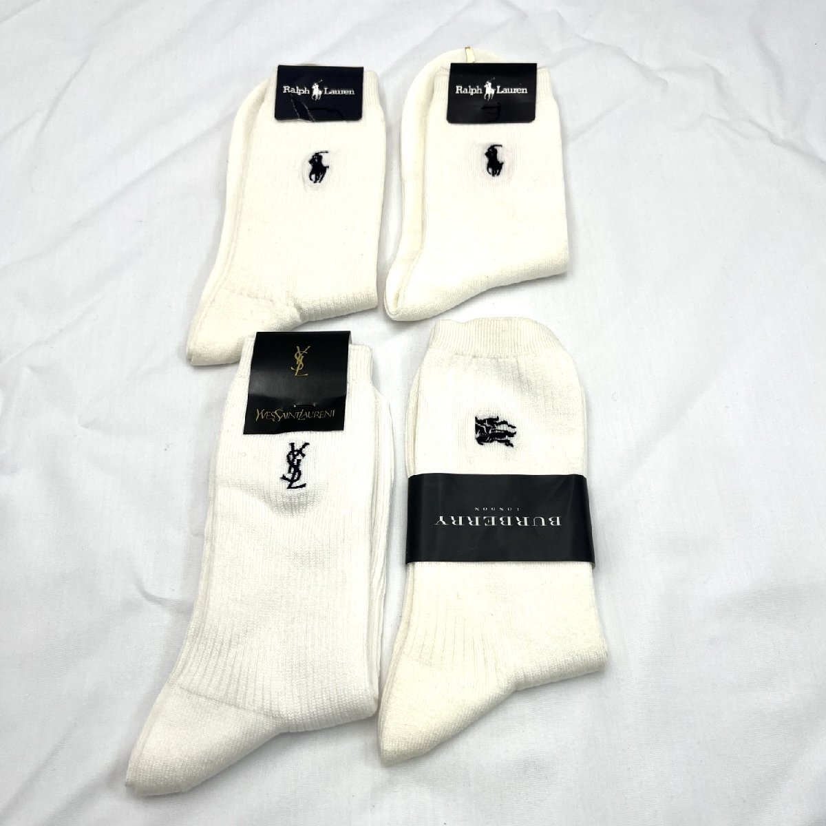 ブランドソックス 22～24/23～25cm 未使用 ホワイト 4足 ラルフローレン BURBERRY バーバリー YSL レディース ジュニア 白 靴下 道楽札幌