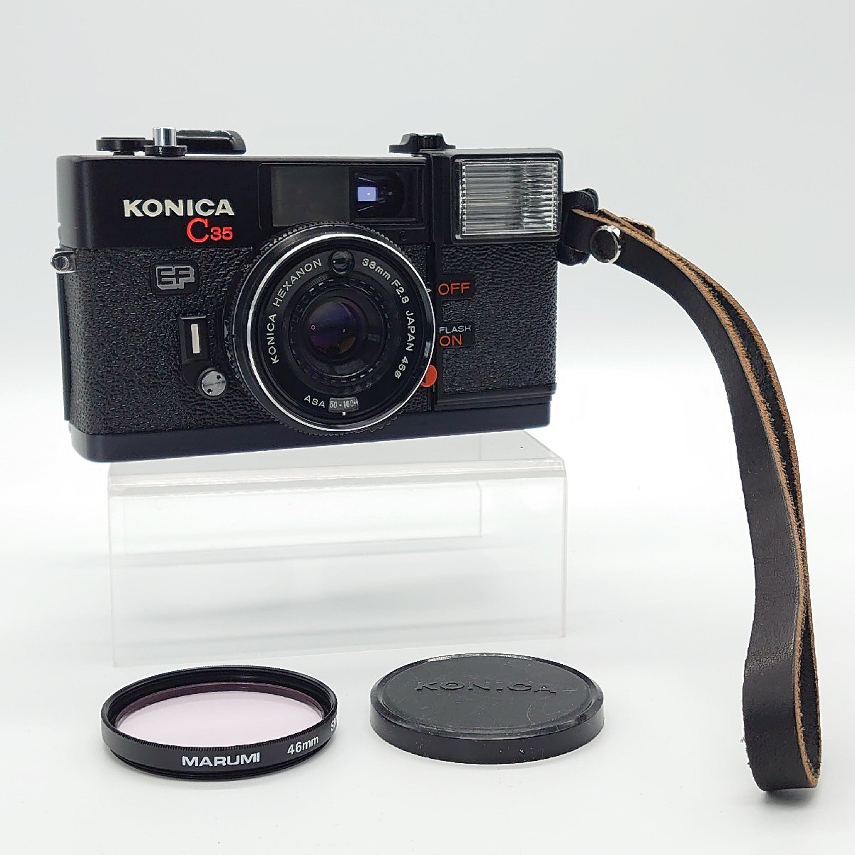 コニカ Konica C35 EF フィルムカメラ レンズ：HEXANON 38mm F2.8 ブラック フラッシュ内蔵 動作確認済み S/N1351603【道楽札幌】
