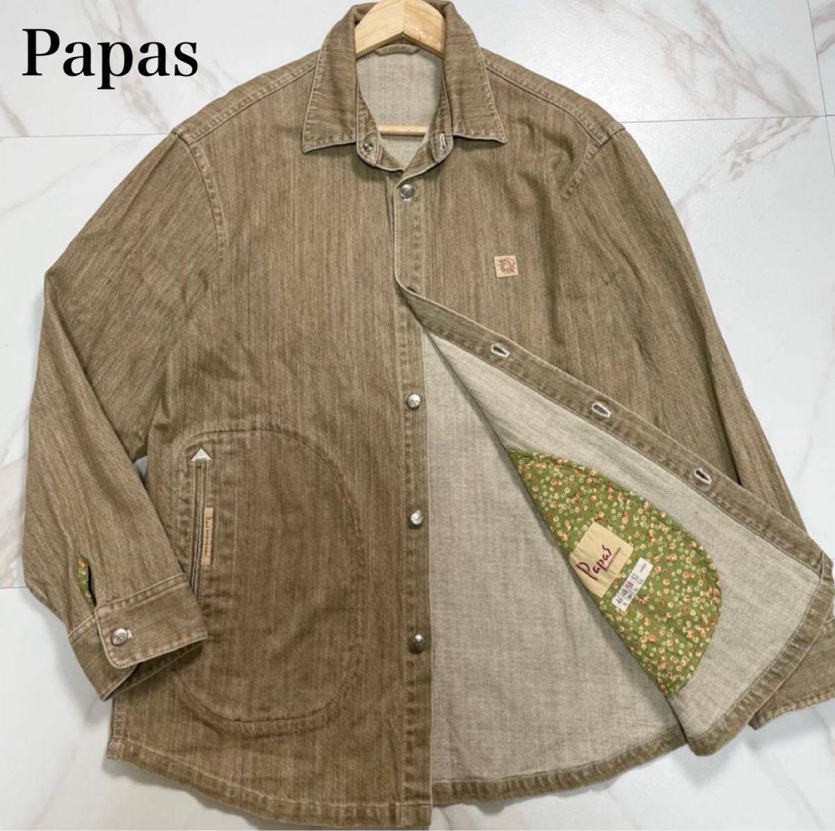 高級●XL相当/Papas パパス デニムジャケット Gジャン カバーオール 身幅ゆったり オーバーサイズ ロゴ刻印メタルボタン ワッペン 羽織 