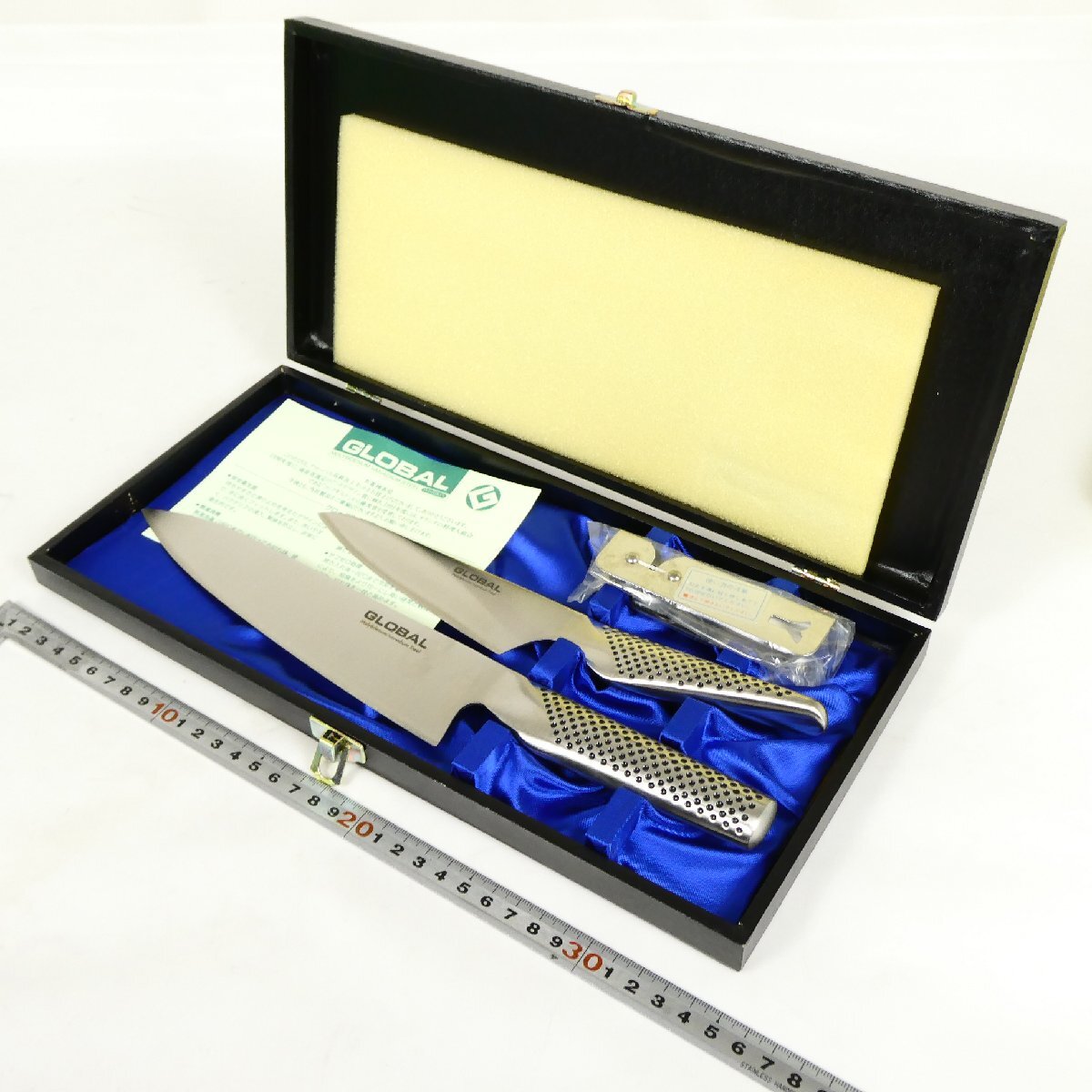 包丁 2点セット グローバル GLOBAL 吉田金属 オールステンレス 牛刀 ペティナイフセット シャープナー付 未使用？■CC046s■