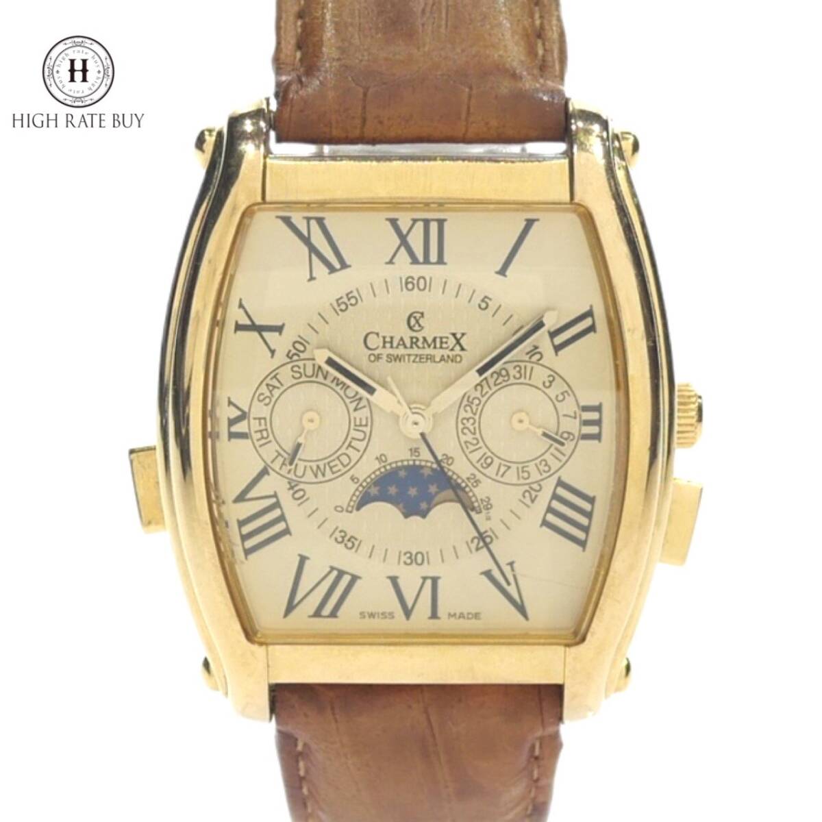 1円スタート 稼動品 CHARMEX シャルメックス メンズ 腕時計 S2355 デイデイト ムーンフェイズ クォーツ QZ ローマン SS ゴールド文字盤