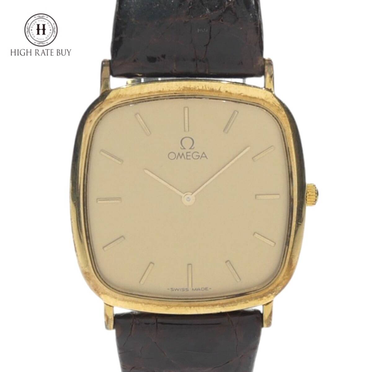 1円スタート 稼動品 OMEGA オメガ DE VILLE デビル デヴィル クォーツ スクエアフェイス 2針 レザーベルト ゴールド文字盤 メンズ 腕時計