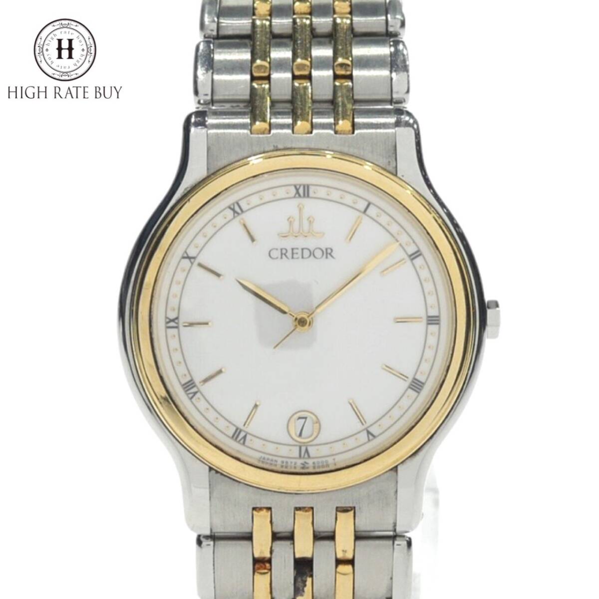 1円スタート 稼動品 SEIKO セイコー CREDOR クレドール 9572-6000 18KTベゼル デイト クォーツ ラウンド コンビカラー 白文字盤 メンズ