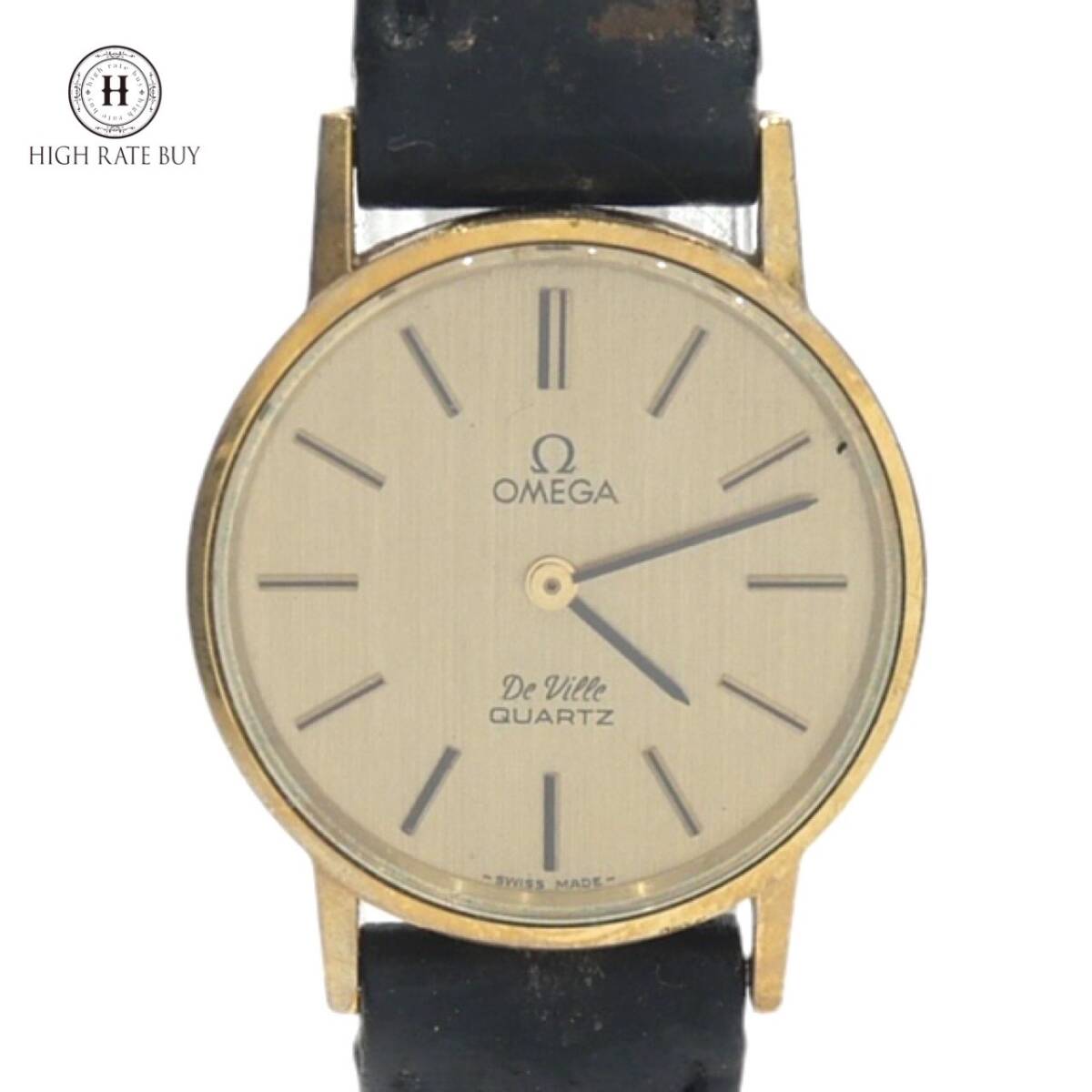 1円スタート 稼動品 OMEGA オメガ DE VILLE デビル デヴィル クォーツ QZ ラウンド プッシュ式 2針 SS ゴールド文字盤 レディース 腕時計