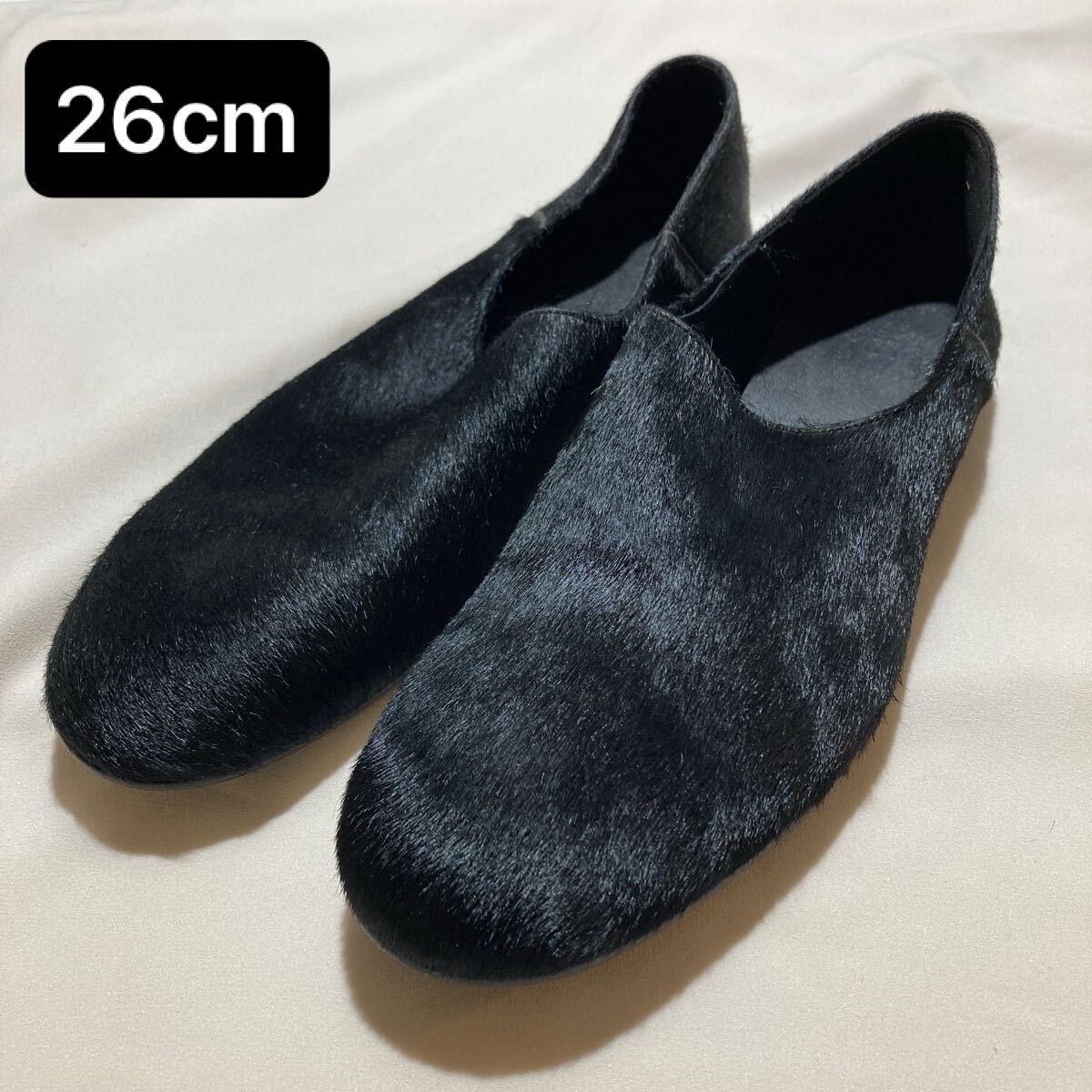 114 靴 que スリッポン ラウンドトゥ ファー 革 レザー 黒 ブラック 26cm アウトソール長約28.5cm