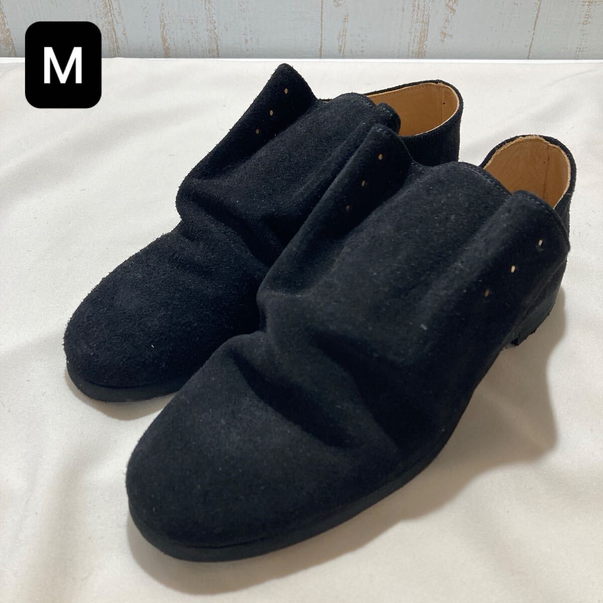 116 靴 que スエード バックスキン ラウンドトゥトゥ Vibram ビブラム 革 本革 レザー 黒 ブラック サイズM アウトソール長約26cm 靴紐なし