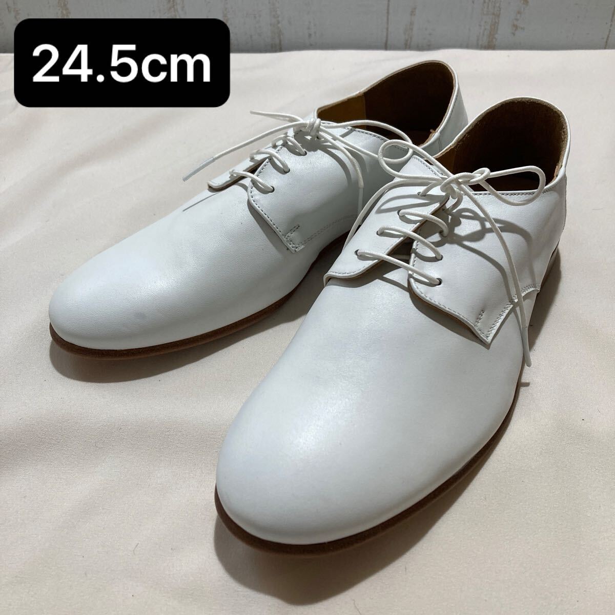 120 靴 que プレーントゥ 革底 革 レザー 白 ホワイト 24.5cm