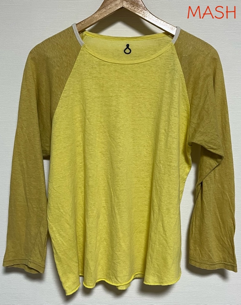 MASH ラグラン 長袖Tシャツ M イエロー 古着 マッシュ ロンT hemp cotton ヘンプ コットン 麻 綿 Tシャツ カンブリア大爆発