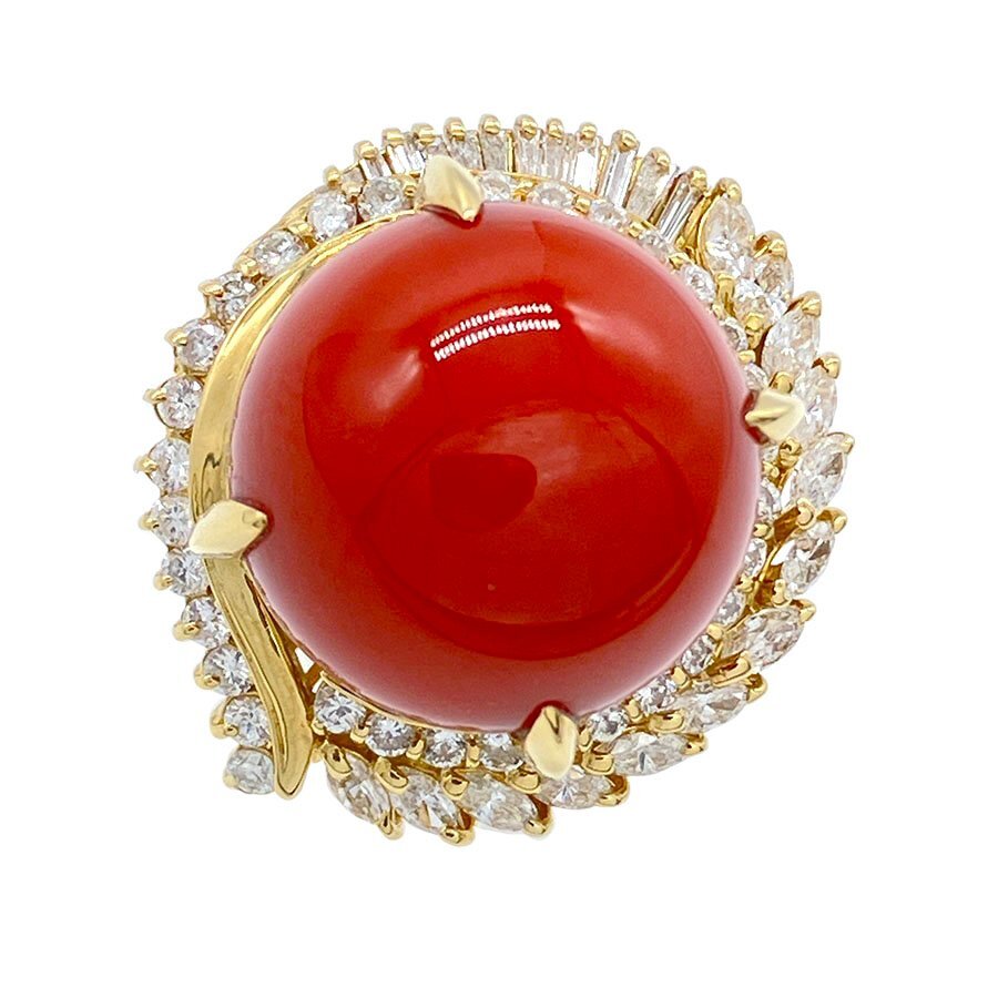 g20685　K18YG　サンゴ15.1mm　D1.15ct　リング　USED　美品　15.2g　#16　ソーティング付